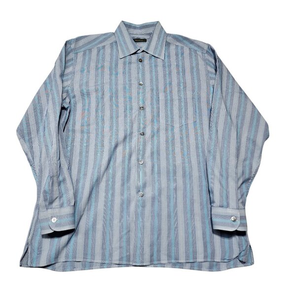 Ermenegildo Zegna‎ XXL Stripe Blue & Gray Cotton/Silk Mens Button-Up Shirt - Picture 2 of 8